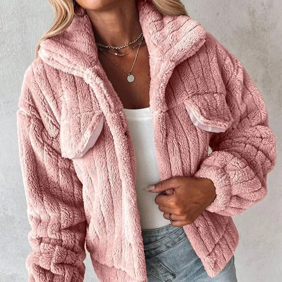 Pink Casual Women's Fashion Stand Collar Fuzzy Jacket Coat - Picture 6 of 7